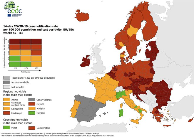 Epidemioloski zemljevid Evrope, ki ga je 4. novembra 2021 objavil Evropski center za obvladovanje in preprecevanje bolezni (ECDC). FOTO: Ecdc
