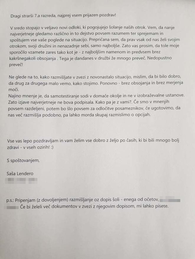 Pismo, ki so ga prejeli starši na OŠ Brezovica. FOTO: S. N.

