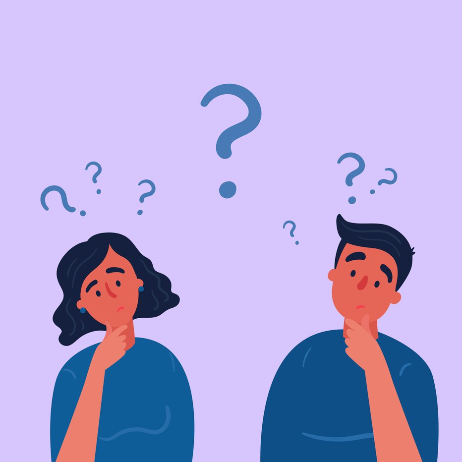 Fotografija: Couple of man and woman having a question. Male and female characters standing in thoughtful pose holding chin and question marks above their head. Quarrel, doubts or interest in relationship. Vector
