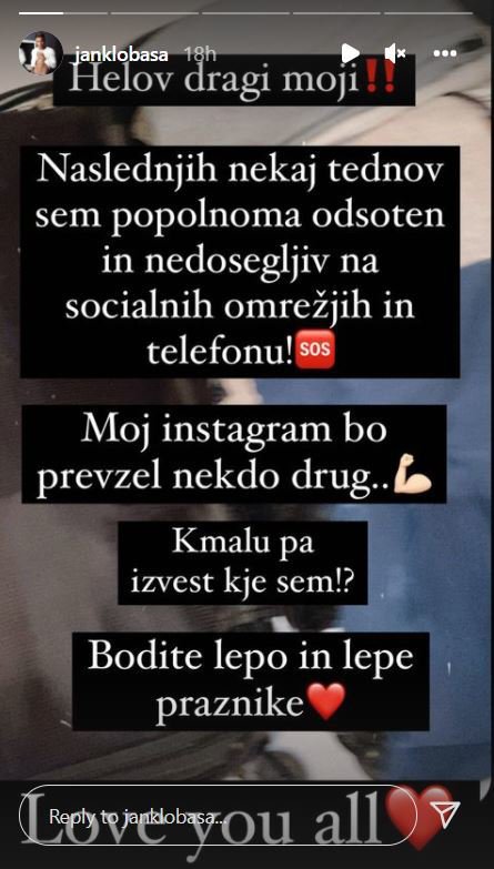 Jan Klobasa je sporočil, da se za nekaj tednov poslavlja. FOTO: Instagram
