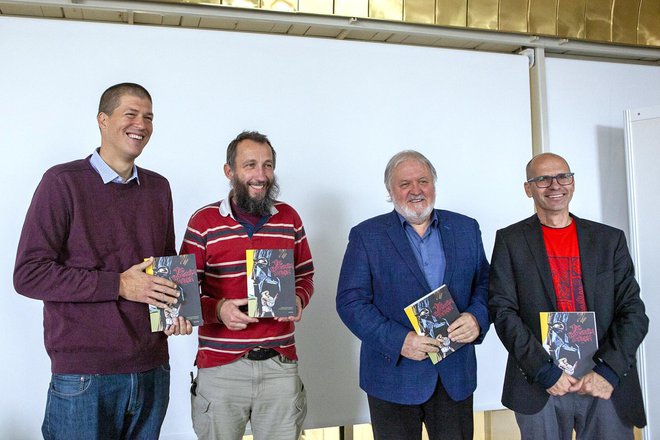 Ustvarjalci stripa (z leve): Goran Vojnović, Damijan Stepančič, Janez Bogataj in Uroš Grilc Foto: arhiv CD
