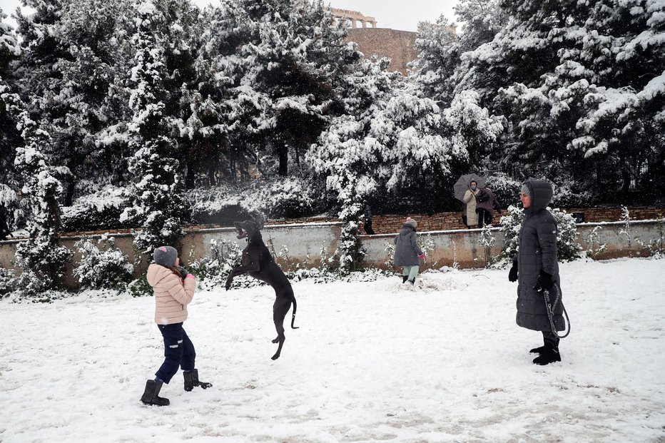 Fotografija: Tudi Atene je pobelil sneg. FOTO: Louiza Vradi, Reuters
