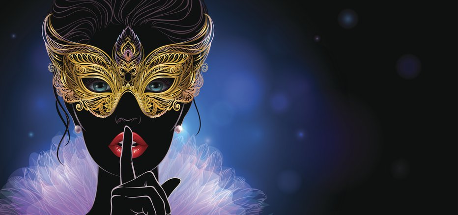 Fotografija: Vector Illustration. A mysterious lady in golden carnival mask put a finger on lips in a hush gesture.  Beautiful concept design for greeting card, party invitation, banner or flyer.