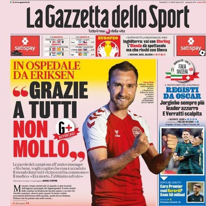 Fotografija: Christian Eriksen na naslovnici italijanskega športnega dnevnika. FOTO: La Gazzetta Dello Sport