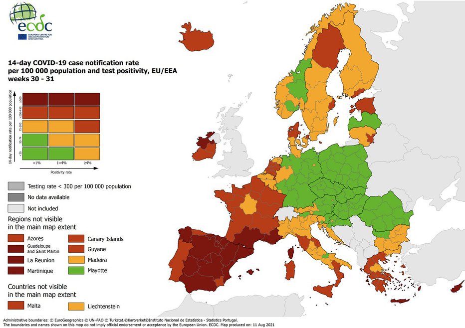 Fotografija: Evropski center za obvladovanje in preprečevanje bolezni (ECDC) je danes objavil nov epidemiološki zemljevid Evrope, na katerem sta zahodni in osrednji del Slovenije po novem obarvana oranžno. Preostanek države medtem ostaja obarvan zeleno. INFOGRAFIKA: ECDC