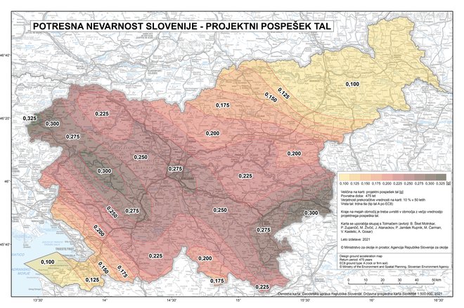 Nova karta »Potresna nevarnost Slovenije – projektni pospešek tal«. FOTO: Arso
