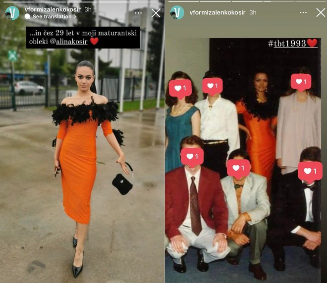 Na levi fotografiji je Alina Košir, na desni pa mamica Alenka pred 29 leti. Hči je mamino obleko nosila nekoliko drugače: z razgaljenimi rameni. FOTO: Alenka Košir, Instagram
