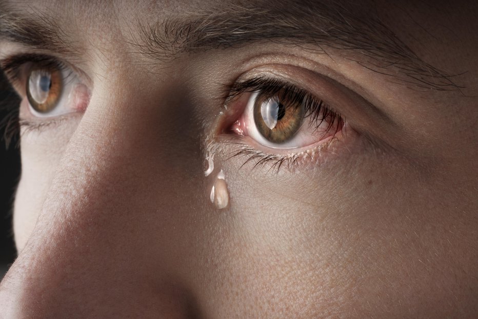 Fotografija: Closeup of young crying man eyes with a tears. High quality photo
