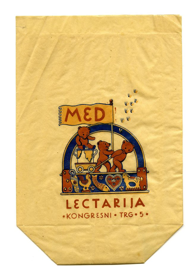 Papirnati škrnicelj za prodajo izdelkov v Lectariji z ilustracijo akademske slikarke Marije Vogelnik, 40. leta 20. stoletja Foto: arhiv SEM
