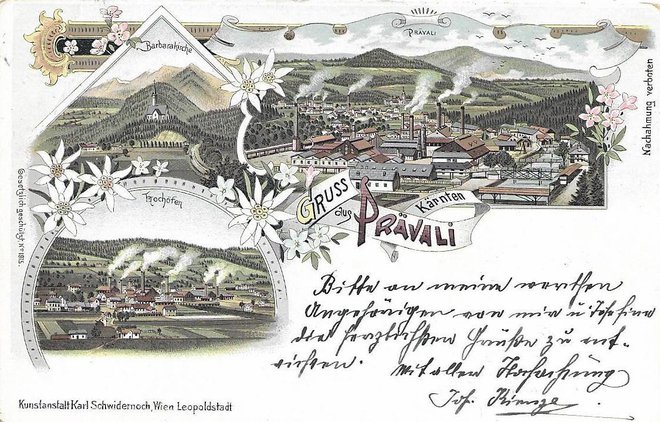Prevalje na litografski razglednici iz leta 1898
