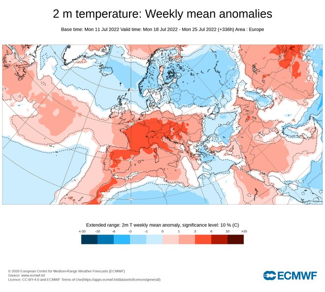 Predvidena temperaturna odstopanja od povprečja po Evropi za prihodnji teden. FOTO: Arso
