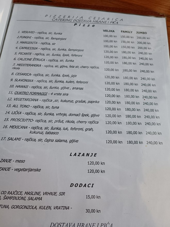 Bralka Tadeja je poslala cenik iz ene od hrvaških restavracij v Cesarici (Karlobag): najcenejša velika pica stane 13,29 evra, najdražja (velika) 15,95 evra. FOTO: bralka Tadeja
