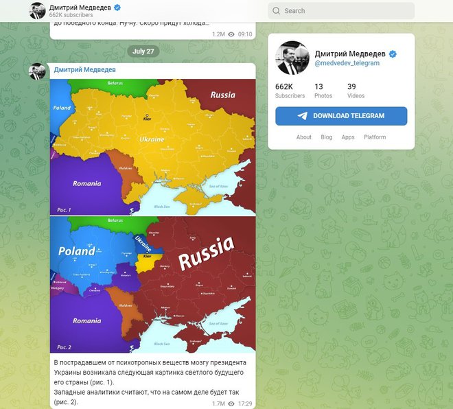 Objava Medvedjeva na telegramu. FOTO: Telegram, zaslonski posnetek
