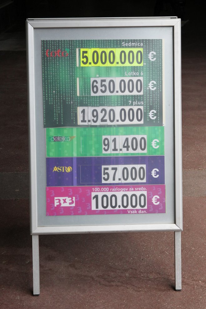 Oglas Loterije Slovenije leta 2015, ko je bila izžrebana prva rekordna sedmica. Foto: Marko Feist
