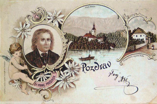 Stara razglednica s Prešernom in Blejskim otokom. FOTO: Arhiv Narodnega muzeja Slovenije
