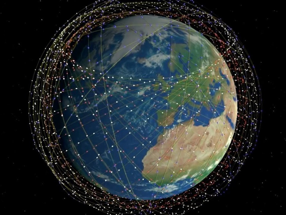 Fotografija: Tako naj bi bila čez dve leti videti mreža Starlinkovih satelitov okoli Zemlje. Foto: Fintelics
