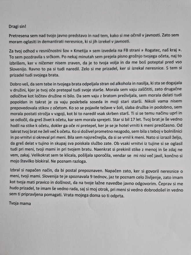 Razočarana mama Vesna je na nas naslovila pismo, v katerem sinu očita, da jo je očrnil. FOTO: S. N.
