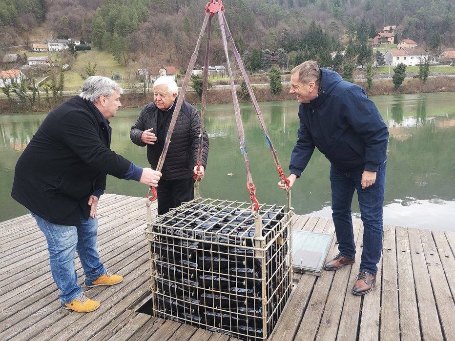 Fotografija: Takole so radeški župan Tomaž Režun, enolog Zdravko Mastnak in Milan Kučan v Savo potopili novih 300 steklenic penine. FOTOGRAFIJE: Mojca Marot

