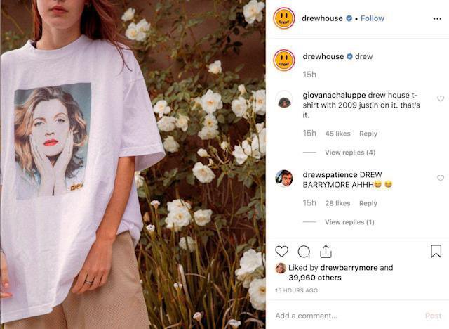 Drew Barrymore je na instagramu všečkala majico s svojo podobo, ki jo ponuja Bieberjeva znamka Drew House. FOTO: Instagram

