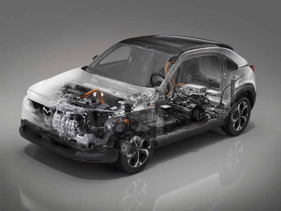 Fotografija: Mazda MX-30 R-EV prinaša kompleksen pogonski sklop, kjer manjši bencinski rotacijski motor skrbi za energijo električnega pogonskega motorja. Takšna izvedba priključnega hibrida naj bi omogočala zajeten doseg. FOTO: Mazda
