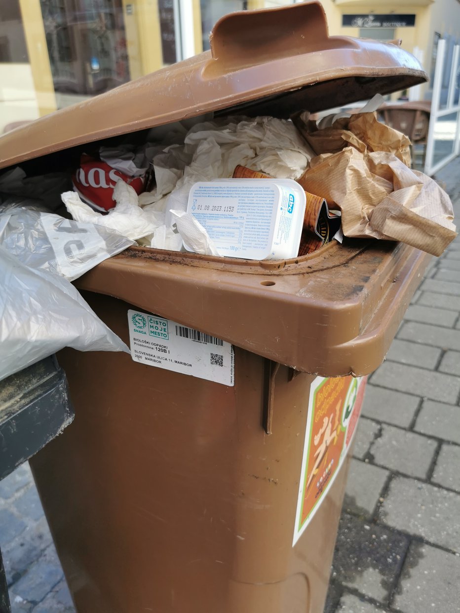Fotografija: Smetnjak za biološke odpadke, v katerem embalaža ni redek pojav. FOTO: Bralec Poročevalec
