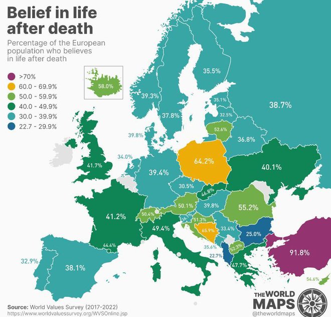 Zemljevid Evrope, ki prikazuje, koliko ljudi v posamezni državi verjame v posmrtno življenje. FOTO: Press

