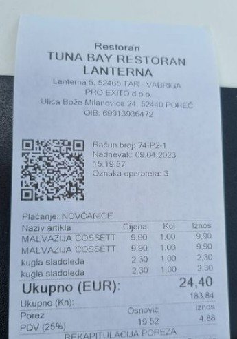 Račun iz restavracije v kampu Lanterna. FOTO: Zaslonski posnetek