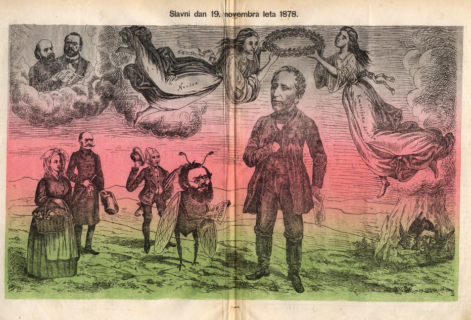 Fotografija: Brencelj je v 21. številki iz leta 1878 objavil karikaturo z barvno podlago in jo na dveh straneh namenil 70-letnici dr. Janeza Bleiweisa. FOTO: osebni arhiv Damirja Globočnika