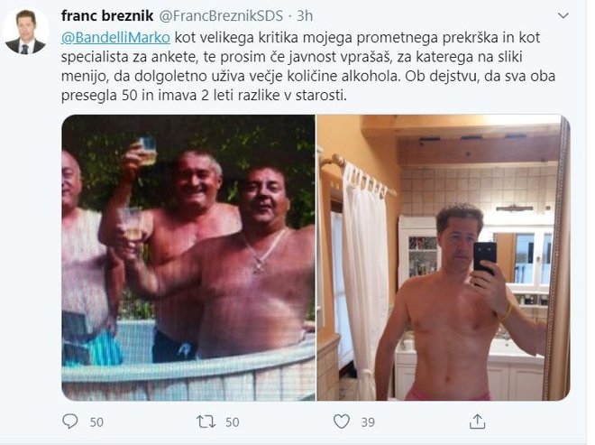 Objava poslanca Franca Breznika pred časom, ko se je primerjal s poslancem Markom Bandellijem. FOTO: Tviter/Franc Breznik