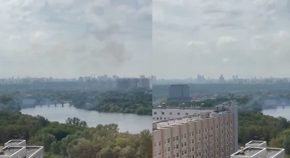 Fotografija: Posnetek, objavljen na družbenih omrežjih, prikazuje dim, ki se vije v bližini večnadstropne zgradbe na nabrežju reke Moskve. FOTO: Zaslonski Posnetek/omrežje X