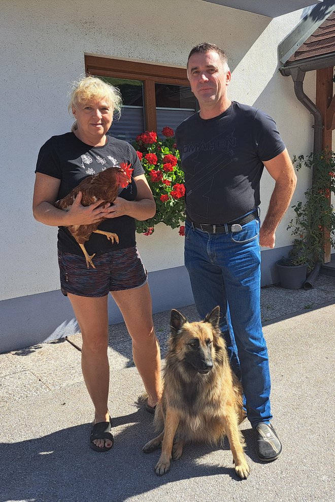Rezi in Benjamin Žonta ter njuna hudo posebna kokoš Zlatka. FOTO: Lovro Kastelic