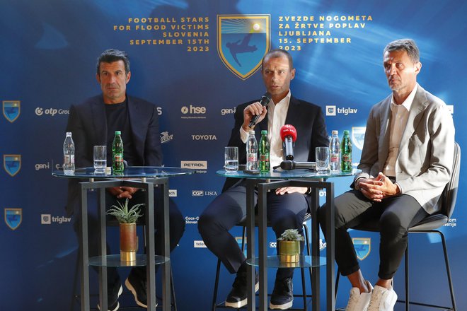 Luis Figo, Aleksander Čeferin in Paolo Maldini. Zvezde nogometa za žrtve poplav. FOTO: Leon Vidic, Delo