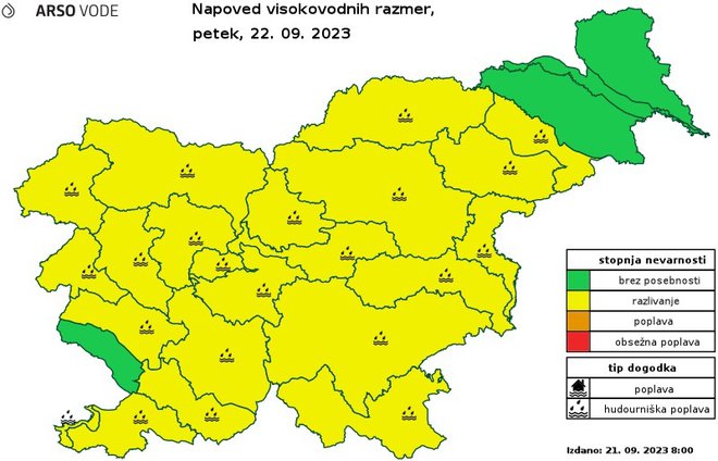 Rumeno opozorilo velja za skoraj celotno območje Slovenije. FOTO: Arso