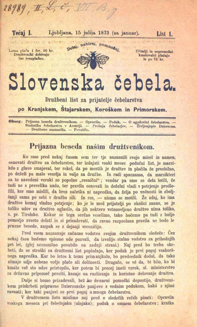 Naslovnica prve številke glasila Slovenska čebela FOTO: Primož Hieng