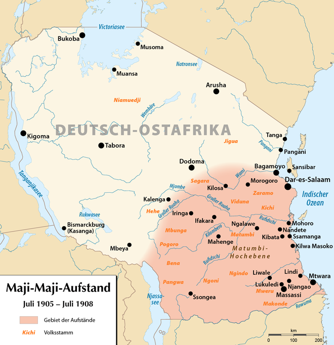 Zemljevid Nemške Vzhodne Afrike v času upora Maji Maji
VIR: Maximilian Dörrbecker (Chumwa)/Wikimedia Commons CC BY-SA 2.5