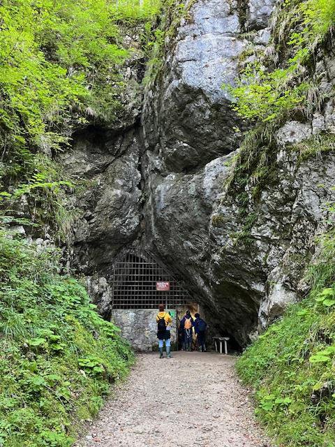 Vhod v Križno jamo v škornjih in s čelado na glavi. FOTO: Albina Podbevšek