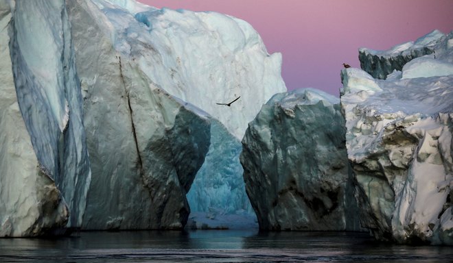 Ko se vznožje ledene gore tanjša, ne zmore več podpirati ogromne gmote. FOTO: Hannibal Hanschke/Reuters