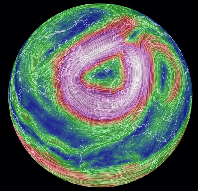 Oslabitev polarnega vrtinca povzroči vdor polarnega zraka (včasih) tudi v naše konce. FOTO: Earth.nullschool.net