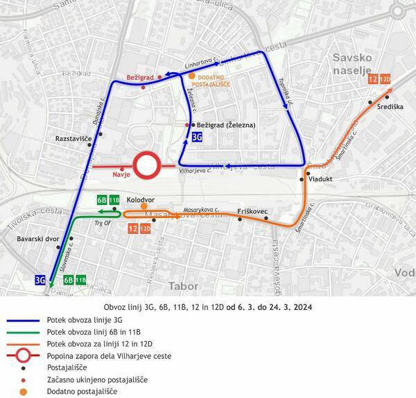 Zaradi zapore bodo mestni avtobusi na progah 3G, 6B, 11B, 12 in 12D vozili po spremenjenih trasah po okoliških prometnicah. FOTO: Mestna občina Ljubljana
