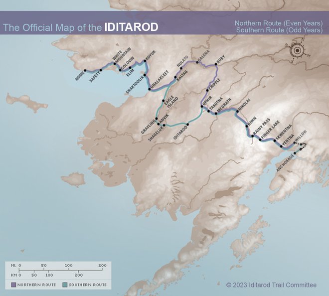 Trasa letos, ko je parno leto, poteka po severni različici, na liha leta pa gredo po južni. FOTO: Iditarod.com
