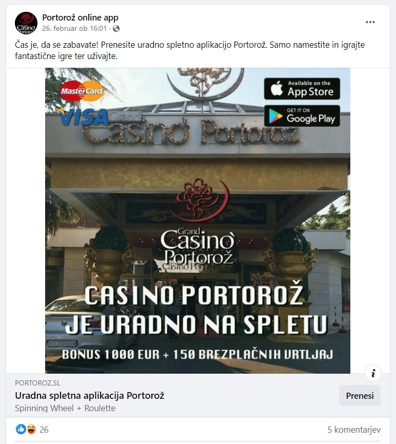 Fotografija: Na facebooku se predstavljajo kot aplikacija za portoroški Casino. FOTO: Posnetek Zaslona
