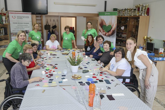 Krkini prostovoljci so skupaj s člani Društva paraplegikov Dolenjske, Bele krajine in Posavja ustvarjali na delavnici. FOTO: Krka